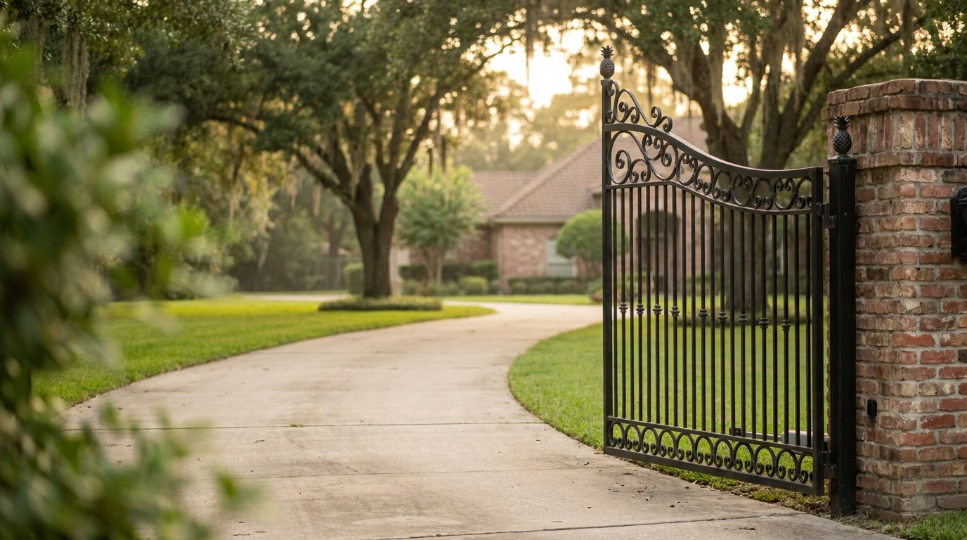 Black ornamental iron driveway gate standing open at the entrance to a brick home, with a paved drive running back from the street